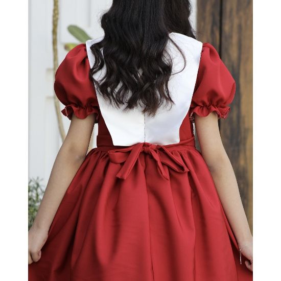 صورة فستان بناتي مطرز بأكمام منفوشة | ألوان (أحمر، عودي، ليموني) - 1175